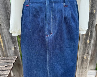 Vintage High Waist Dark Blue Denim J.G. Hook MIDI Pencil Skirt - Large