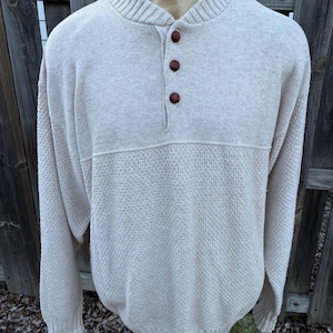 Vintage 1990’s Winter White Unisex London Fog Sweater Leather Braid Buttons XL