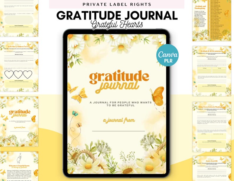 May include: A digital gratitude journal with a floral and butterfly design. The journal's cover features the words "Gratitude Journal" in orange, with the text "A journal for people who wants to be grateful". The image includes additional journal pages.