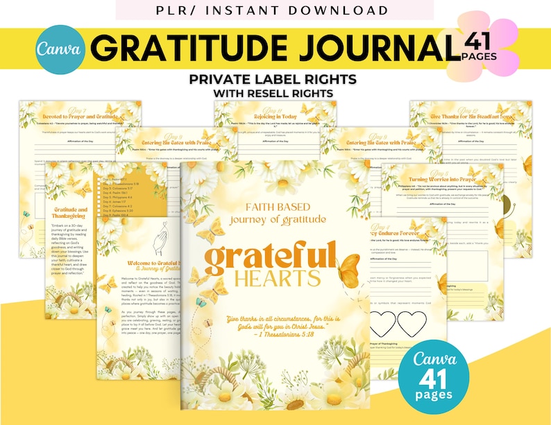 May include: A gratitude journal with a floral design and butterfly accents. The cover reads "grateful HEARTS" and "FAITH BASED journey of gratitude." The journal includes 41 pages and is available for instant download with private label rights.