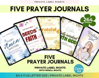 Diario de oración PLR: 5 diarios de estudio bíblico cristiano de Canva, imprimibles y editables, planificador de fe y gratitud en PDF, para uso comercial.
