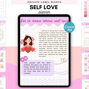 K&ouml;nnte beinhalten: Ein digitaler Planer in Rosa und Wei&szlig; mit dem Text "SELF LOVE planner" und "Get to know about self-love". Der Planer enth&auml;lt Selbstliebe-&Uuml;bungen und -Aufforderungen mit Herzillustrationen und einer Frau.