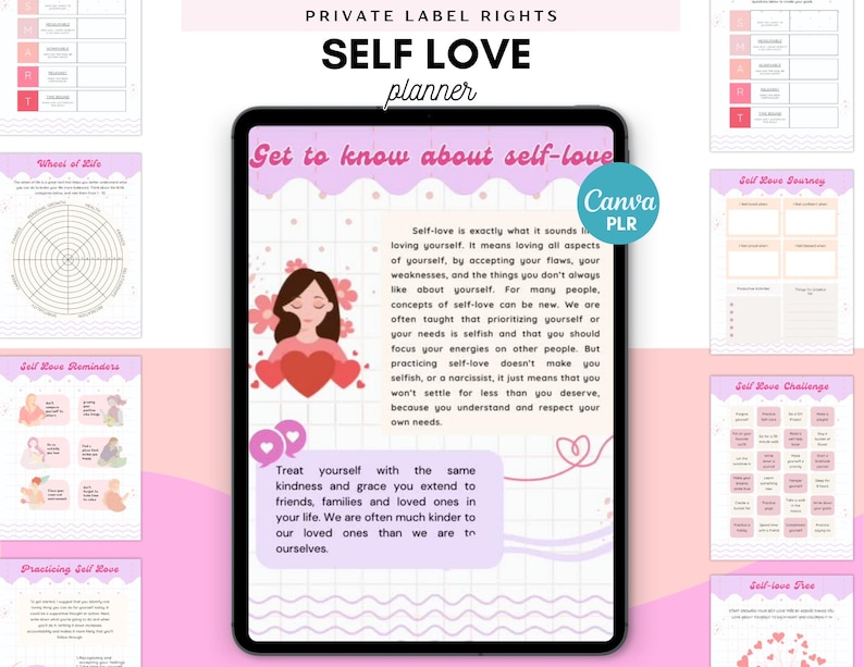 K&ouml;nnte beinhalten: Ein digitaler Planer in Rosa und Wei&szlig; mit dem Text "SELF LOVE planner" und "Get to know about self-love". Der Planer enth&auml;lt Selbstliebe-&Uuml;bungen und -Aufforderungen mit Herzillustrationen und einer Frau.