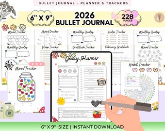 2026 Bullet Journal Bundle, Premade Printable Journal, Bujo Habit Tracker, Mood Tracker, Self-Care Monthly & Yearly Planner PDF Download