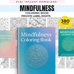 Puede incluir: Una colección de "Mindfulness Coloring Books" con diversas portadas y diseños. Los libros presentan intrincados patrones de arte lineal y el texto "Mindfulness Coloring Book" en las portadas. La imagen también muestra el texto "380 PAGES".