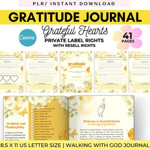 May include: A Gratitude Journal with the text "Grateful Hearts" and "Private Label Rights". The journal has 41 pages and is 8.5 x 11 inches in size. The journal's pages have a floral design with butterflies.