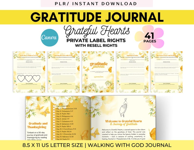 May include: A Gratitude Journal with the text "Grateful Hearts" and "Private Label Rights". The journal has 41 pages and is 8.5 x 11 inches in size. The journal's pages have a floral design with butterflies.