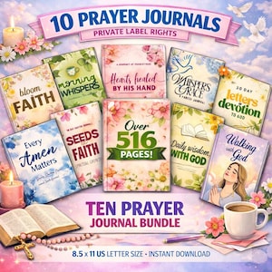 May include: A bundle of ten prayer journals with floral designs and titles like "Bloom Faith" and "Hearts Healed." The journals are arranged with a cup of coffee, a cross, and a lit candle. The text reads "Ten Prayer Journal Bundle."