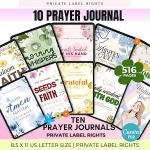 May include: A set of ten prayer journals with various floral and inspirational designs. Each journal cover displays unique artwork and titles like "Bloom Faith" and "Seeds of Faith." The journals are 21.59 x 27.94 cm and contain 516 pages.