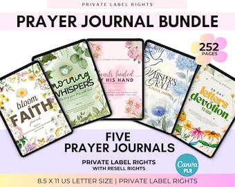 5 Prayer Journal Bundle PLR Editable, Digital and Printable, Devotional & Bible Study Journal, Bible Verse Scripture, Christian Worksheets