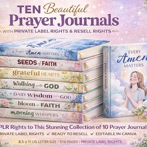 May include: A stack of ten prayer journals with floral designs and titles like "Seeds of Faith" and "Grateful Hearts." The cover of one journal features a woman praying. The text reads "Ten Beautiful Prayer Journals."