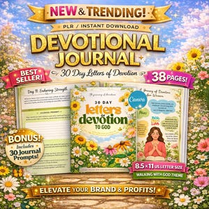 May include: A devotional journal with the text "DEVOTIONAL JOURNAL" and "30 Day Letters of Devotion." The journal includes 38 pages and is 8.5 x 11 inches in size. The theme is "Walking with God."