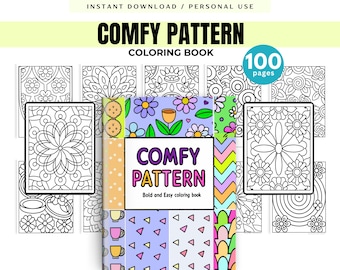 May include: A "Comfy Pattern Coloring Book" with 100 pages is displayed, featuring a bold and easy coloring book design. The cover showcases a floral pattern, with additional coloring pages visible in the background. The text "COMFY PATTERN" is prominently featured.