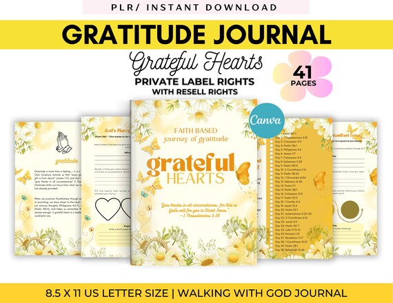 PLR Grateful Hearts 30-Day Journal: Printable Gratitude Template (Commercial Use, Editable Canva Template, PDF)