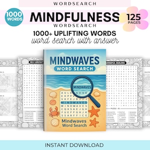 以下が含まれることがあります： 表紙にビーチのシーン、虫眼鏡、「Mindwaves Word Search」の文字が入った「Mindwaves」というタイトルの単語検索本。この本には125ページと1000以上の高揚感のある単語が含まれています。