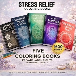 May include: Five coloring books with titles including "Flower Zentangle," "Therapeutic Pattern Coloring," and "Adult Mandala Coloring Book." The books are various colors and feature intricate designs. The image also includes text that reads "Stress Relief Coloring Books."