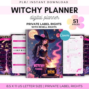 May include: Digital Witchy Planner with a witch illustration on the cover, surrounded by pink roses. The planner includes sections for weekly, monthly, and yearly goals, with a Canva logo. The planner is 8.5 x 11 inches in size.