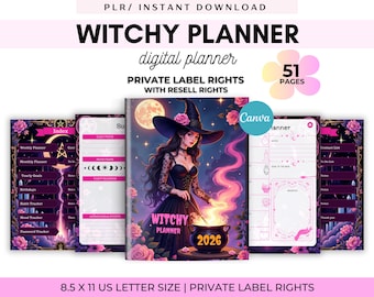 2026 Witch Planner, 51-Page Hyperlinked Digital Grimoire, Moon Calendar, Tarot Journal, Astrology Planner, PLR, Resell, Canva Editable