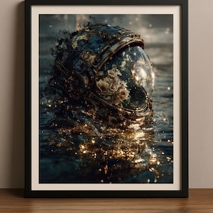 Floral Astronaut Helmet Poster - Surreal Space Art Print, Sci-Fi Ocean Fantasy Wall Decor 8x10