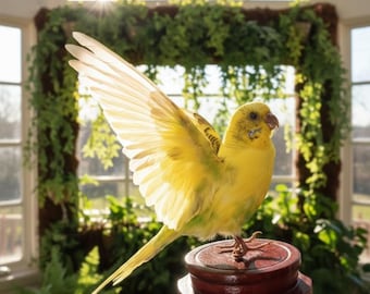 Real Taxidermy Yellow Parrot | Spread Wings Standing Pose | Lutino Budgie 3.2" Miniature | Dynamic Action Bird | Minimalist Home Decor Art