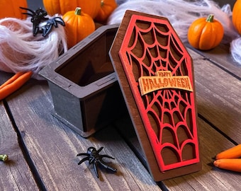 Caja de ataúd de Halloween cortada a láser: decoración de telaraña, madera pintada