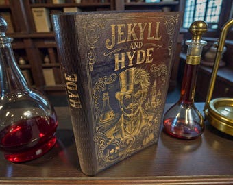 Joyero de madera con grabado de Jekyll y Hyde y forro de terciopelo.