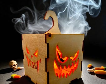 Linterna de calabaza de madera cortada con láser: caja de luz LED para Halloween