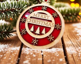 Adorno navideño de madera cortada a láser: copo de nieve acrílico rojo