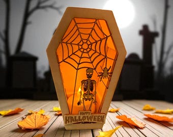Caja de luz de madera con forma de ataúd para Halloween - Linterna LED con esqueleto de telaraña - Decoración de luz nocturna cortada con láser