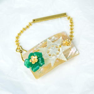 Vintage Statement Bracelet | Mother of Pearl Star and Jade Flower on Beaded Chain