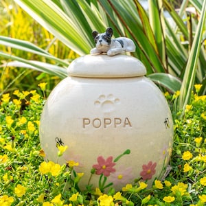 Custom Pet Urn for Dog, Handmade Ceramic Urn with 3D Dog Figurine Personalized Dog Ashes Box Pet Memorial Gift Pet Paw Jar with Name Cat Urn