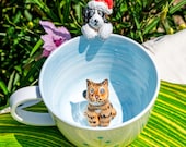 Custom Pet Mug with Dog Figure, Handmade Ceramic Peekaboo Mug, Personalized Dog/Cat Sculptural Coffee Cup, Hidden Animal Mug for Pet Lover
