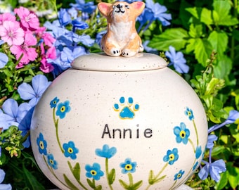 Custom Ceramic Pet Urn for Dog, Handpainted Flowers Dog/Cat Urn, Personalized 3D Pet Figurine Pet Ashes Box, Cat Keepsake Urn Pet Ashes Jar