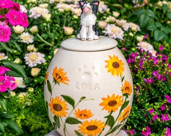 Personalized Pet Urn for Dog, Hand-Painted Sunflower Pet Urn with 3D Dog/Cat Figure, Custom Ceramic Dog Urn, Pet Ashes Box Pet Memorial Gift
