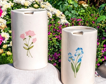 Birth Flower Travel Mug, Hand-Painted Birthflower Coffee Mug, Ceramic Coffee Tumbler with Lid, To Go Coffee Cup, Mother's Day Gifts