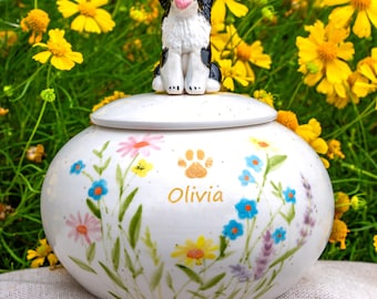 Custom Pet Urn for Dog, Handmade Ceramic Urn with 3D Dog Figurine, Personalized Dog Ashes Box, Pet Paw Jar with Name, Pet Memorial Gift