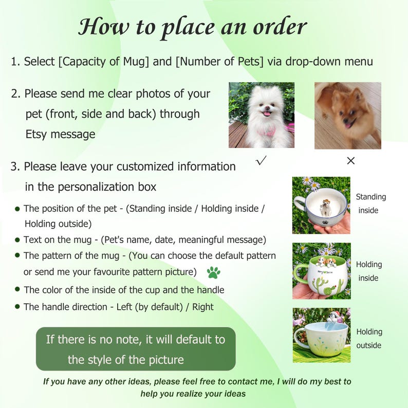 May include: Instructions for ordering a custom pet mug are displayed. The image shows how to select mug capacity and pet quantity, send photos, and provide personalization details. Examples of mugs are shown.