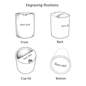 May include: A black and white line drawing titled Engraving Positions showing four views of a cylindrical cup. The views labeled Front, Back, Cup lid, and Bottom each feature the text Best dad engraved in a specific location on the cup surface.