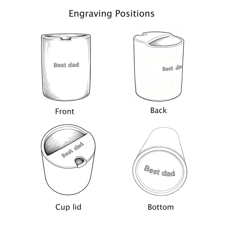 May include: A black and white line drawing titled Engraving Positions showing four views of a cylindrical cup. The views labeled Front, Back, Cup lid, and Bottom each feature the text Best dad engraved in a specific location on the cup surface.