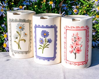 Birth Flower Ceramic Travel Mug, Hand-Painted Birthflower Travel Coffee Mug, Pottery Tumbler Half Lid, Mother's Day Gifts