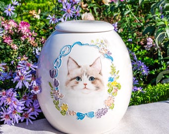 Custom Ceramic Pet Urn - Hand-Painted Cat Portrait Pet Ashes Box