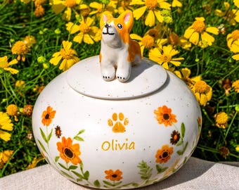Custom Pet Urn for Dog, Handmade Ceramic Urn with 3D Pet Figurine,  Personalized Dog Ashes Box