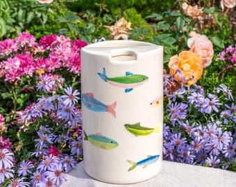 Handmade Ceramic Travel Mug, Hand-Painted Sea Fish Ceramic Tumbler with Lid, Travel Coffee Cup, To Go Mug, Father's Day Gift Graduation Gift