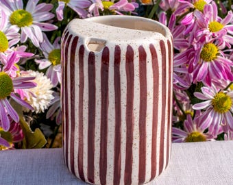 Mug de voyage en céramique à rayures fait main avec demi-couvercle, Mug en céramique à emporter, Gobelet à café en poterie, Cadeaux pour la fête des Mères (300 ml/10 oz)