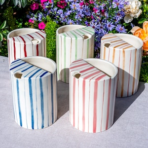 May include: Five ceramic containers with diagonal lids and vertical stripes in red, green, blue, pink, and orange. The containers are cylindrical with a small hole in the lid. The background features colourful flowers.
