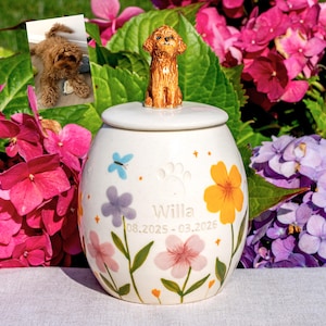 May include: A white ceramic pet urn with a floral design and a small dog figurine on top. The urn is decorated with colorful flowers, a blue butterfly, paw prints, and the name "Willa" with dates.