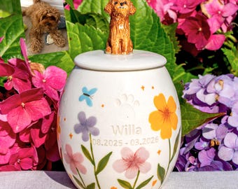 May include: A white ceramic pet urn with a floral design and a small dog figurine on top. The urn is decorated with colorful flowers, a blue butterfly, paw prints, and the name "Willa" with dates.