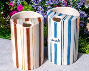 Custom Striped Travel Mug, Handmade Ceramic Travel Cup with Lid, Striped To Go Mug, Sippy Mug for Dad, Father's Day Gift, Graduation Gift
