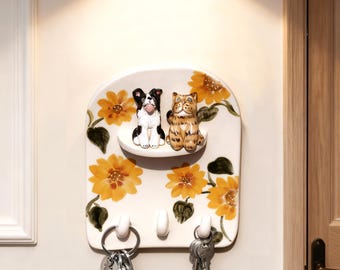 Personalized Pet Wall Key Holder, Ceramic Wall Mounted Key Rack with Pet Sculpture, Custom Cat Dog Key Hanger, Rustic Entryway Organizer