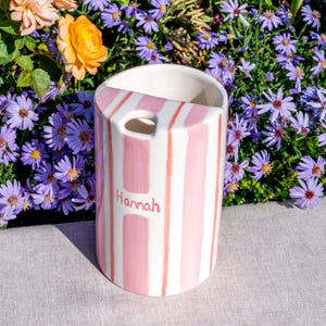 Custom Striped Travel Mug, Handmade Ceramic Travel Cup with Lid, Striped To Go Mug, Sippy Mug for Dad, Father's Day Gift, Graduation Gift image 1